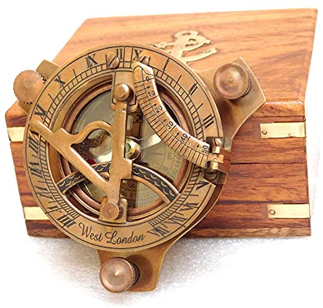 KHUMYAYAD Messing-Sonnenuhr-Kompass, nautische Vintage-Nachbildung, Sonnenuhr mit Palisander-Box