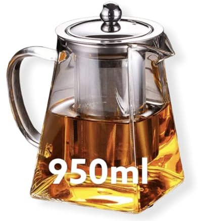 Green Globe fyrkantig tekanna i glas med infusioner, 950 ml borosilikat tekanna med sil, löst lövte | Spishäll och mikrovågsugn säker borosilikatglas vattenkokare