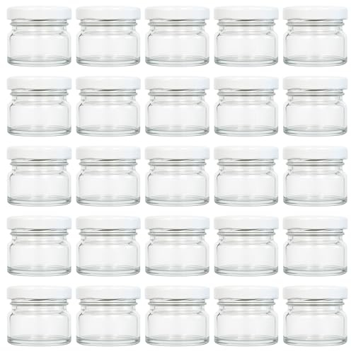 Vitrea 25x Mini Marmeladengläser 30 ml - mit Deckel Weiß TO 43 - kleine Einmachgläser zum befüllen mit Schraubdeckel - Schraubgläser - leere Gläser für Marmelade - 25 Stück