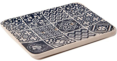 Maison du Savon - Ceramic Soap Dish with Cement Tiles Pattern - 3 Drainage Holes - 12cm x 9cm x 2cm Compact Size - Suitable for All Sinks
