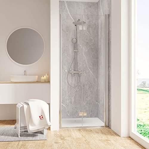 Schulte porte de douche pivotante-pliante 80 x 200 cm en niche, mécanisme autolevant, profilé aspect chromé, ouverture vers la droite, verre de sécurité 6 mm, réglage 77-80 cm, largeur d'accès 67 cm
