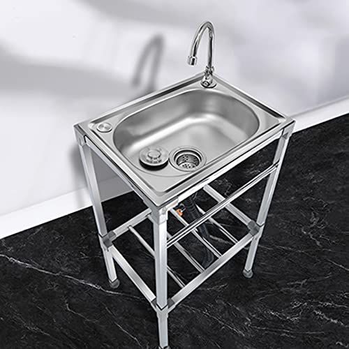 XUNFAKEJI Stainless Steel Commercial Sink, Free Standing Kitchen Sink Single Bowl, Commercial Kitchen Sink, Portable Sink with Faucet, for Outdoor Indoor, Laundry, Backyard, Restaurant (38x33x83cm)