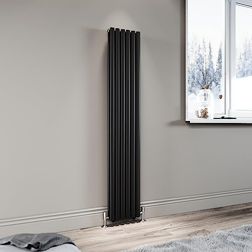 ELEGANT Black Vertical Radiator 1600x294mm Tall Upright Oval Column Double Panel Modern Central Heating