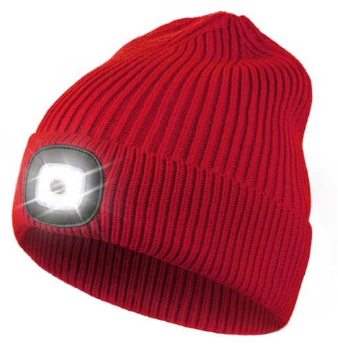 Wmcaps Mütze mit Led Licht, Strickmütze mit Licht Männer Geschenke Wiederaufladbare USB Laufmütze mit Licht Extrem Heller 4 LED Lampe Geschenk für Männer Frauen
