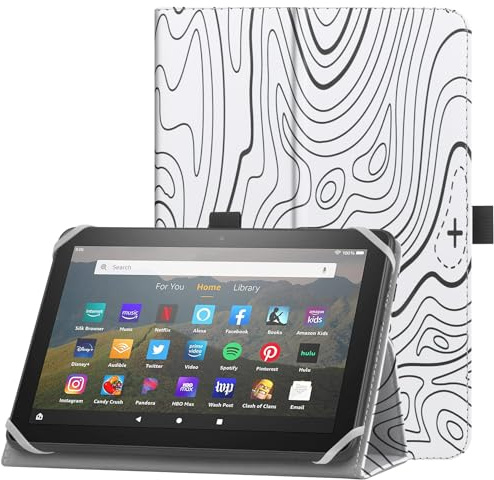 HoYiXi Universal Case for 7-8 inch Tablet Fire HD 8/Fire HD 8 Plus with Stand Folio and Hand Strap Protective Cover for 7-8 Samsung/Lenovo Tab M8 8 inch Android Tablet -Mountain white
