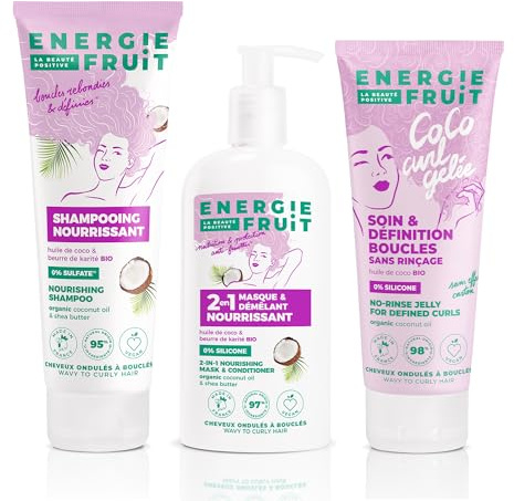 Energie Fruit Routine Curly Capillaire Nourrissante Shampooing + Masque + Gelée Définition Boucles Huile de Coco et Beurre de Karité