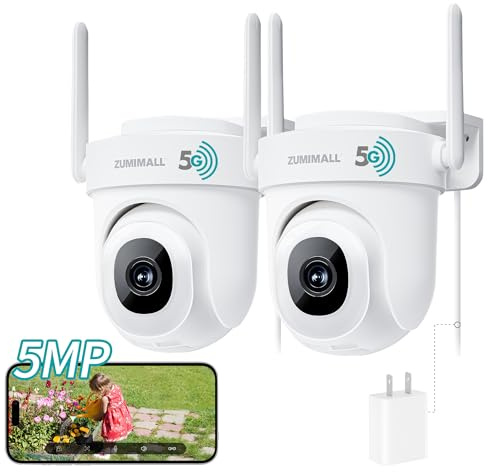 ZUMIMALL 5MP Outdoor Camera 2-Pack - 24/7 Recording Wired Power, Support 5GHz WiFi | Motion & Noise Detection, 360° PTZ Auto Tracking, Color Night Vision | IP66, Alexa Google Compatible