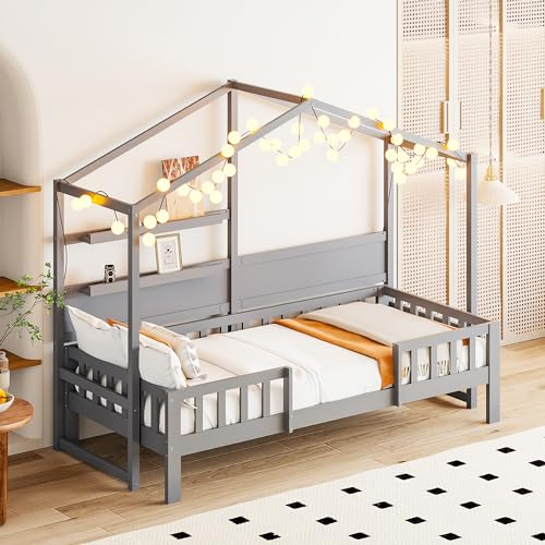 YESGIGA Kinderbett 90 x 200 cm, Schlafsofa aus Massivholz,weißes Jungen- und Mädchenbett mit lustigem Dach und Sicherheitszaun (grau)