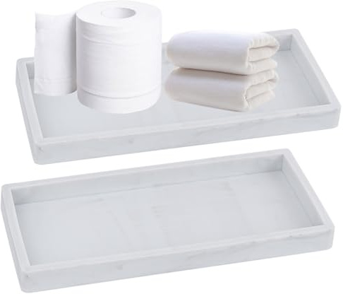 Qivine 2 Stück Badezimmer Tablett, 20 x 10 x 1,8 cm Rechteckig Silikon Teller Weiß Marmorimitation Deko Tablett Schminktisch Badezimmertablett für Schmuck, Kerzen, Handtuch, Seife
