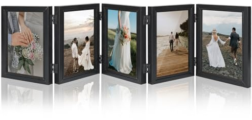 Chihutown 5-Gelenk-Bilderrahmen, 12,7 x 17,8 cm Klapp-Fotorahmen mit hochauflösendem Acryl, holzgefertigte Familien-Bildercollage Tischdekor, klappbarer vertikaler Bilderrahmen, schwarz