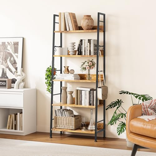 YITAHOME Bücherregal, 5 Etagen, industrielles Standregal mit 4 Haken, freistehendes Leiterregal, Präsentationsregal, Regale, Stahlrahmen, Regal für Wohnzimmer, Schlafzimmer, Heimbüro, Vintagebraun
