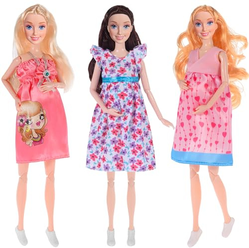 dollbie 3-Pack 11.5 inch Pregnant Dolls with Interchangeable Pregnant and Normal Bellies - Includes 3 Dolls, 3 Dresses, 3 Babies