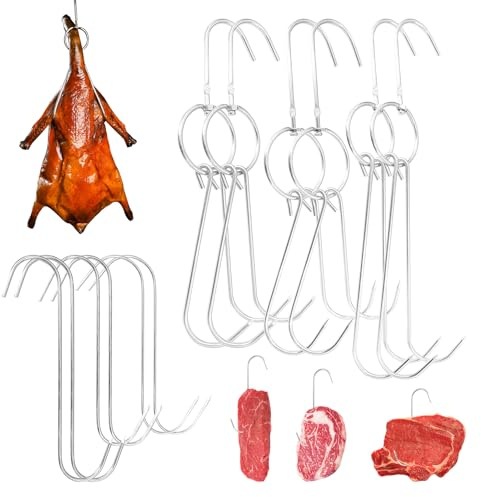 DEELEDM 6Pcs Meat Hooks and 6Pcs Double Duck Hooks, Stainless Steel Butcher Hook Smoker S-Hooks for Hanging Beef Ribs Chicken Bacon Hams Meat Hook Hanger Cooking Tools Accessorie (6 Size)