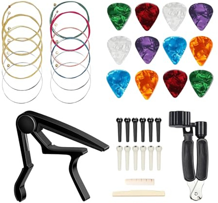 JINWEE Acoustic Guitar Accessories Kit,Guitar Tool Changing Kit Including Acoustic Strings, Picks, Capo, Bridge Pins, Bridge Saddle Nut and 3 in 1 guitar string winder cutter and pin puller.