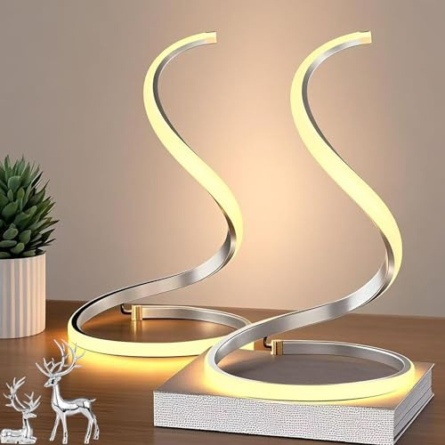 (2PCS) DecorativeSilver Table Lamp, Miniature Nightstand Lamp, 3 Colors Temperature Dimmable LED Modern Spiral Style for Modern Bedroom, Living Room and Office Lighting and Decoration Curved Art