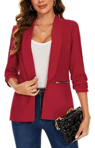 Kyzoeyou Veste en blazer pour femmes avec devant ouvert et poches zippées, veste de costume à manches 3/4 froncées, cardigan décontracté pour l'extérieur, R-rouge, M