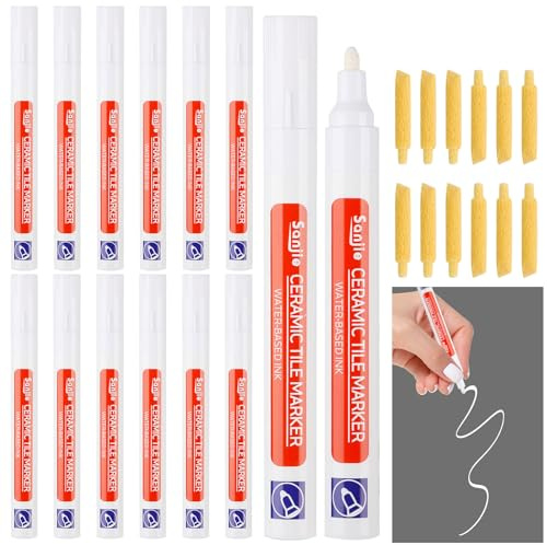Sinofort Rotulador de lechada blanco, 12 bolígrafos para azulejos de baño, marcador con punta de repuesto, bolígrafo de lechada de azulejos, para restaurar azulejos, lechada, pared, suelo, baño