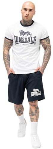 Lonsdale Conjunto de Camiseta y Pantalones Cortos para Hombre de Ajuste Normal MAIST, Blanco/Azul Marino, L