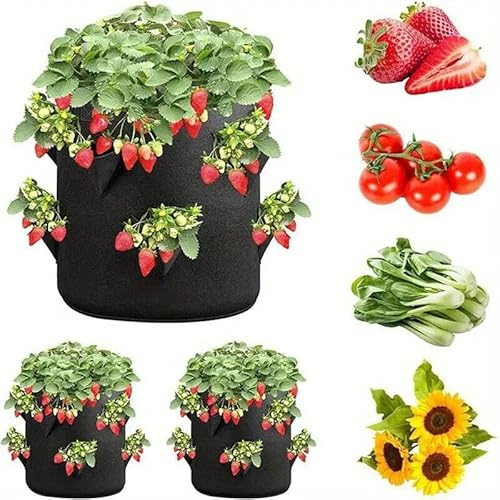 10 Gallon Felt Planter with 8 Side Pockets, 45 cm Height, Black Growing Container for Strawberries