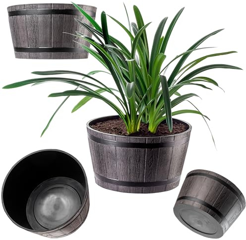 KADAX Pflanztopf im Holzfass-Design, ø 50cm, ca. 45L, aus wetterfestem Kunststoff, für Garten, Terrasse & Balkon, dekorativer Blumentopf, Blumenkübel oder Übertopf, Braun, Teich mit Wassereimer