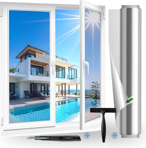 Fensfolie (118X200cm) Sonnenschutzfolie Fenster innen oder außen Silber, UV-Schutz Spiegelfolie, Ohne Rückstände Thermofolie Fenster Gegen Hitze, Sichtschutz Fensterfolie Hitzfolie