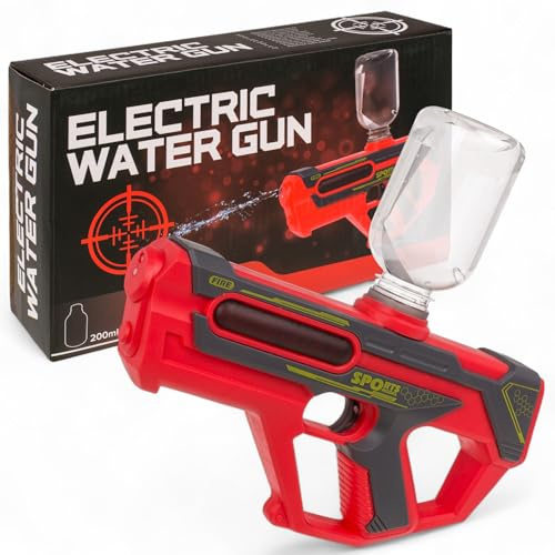MIJOMA Elektrisk vattenpistol för barn och vuxna – 200 ml tank – räckvidd 5–7 m – kraftfullt vattennöje för trädgård, strand och utomhusaktiviteter (röd)