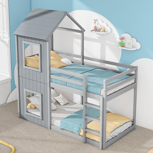 RIAZOS Kinderbett 90x200 cm, Etagenbett für 2 Kinder, Hochbett mit Rausfallschutz, Baumhaus Stockbett für Jungen und Mädchen, Massivholz Einzelbett Spielbett, ohne Matratze, Grau