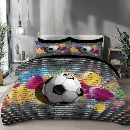 ZISTRCBAO Set Di Biancheria Da Letto Calcio Sul Muro Di Mattoni, Tema Sportivo Copripiumino, Copripiumino In Morbida Microfibra Con Chiusura Lampo, Con Chiusura Lampo E 1 Federe(135x200cm ，Grigio