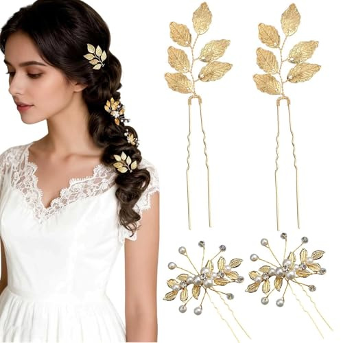 Accessoires Cheveux Mariage Femme 4 pièces épingles dorées Feuilles Vintage Perles Cristal Bijoux Coiffure élégants pour mariée