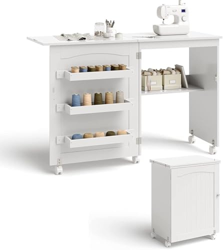FANTASK Nähtisch & Schreibtisch klappbar mit 3 Einlegeböden, 2 in 1 Nähmaschinenschrank für Spulen & feststellbare Rollen, Nähschrank aus Holz für Büro, Wohnzimmer & Schlafzimmer (Weiß)
