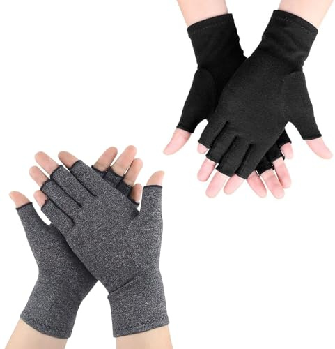 Joysuelly 2 Pares de Guantes de Compresión para Hombre y Mujer, Guantes Sin Dedos, Gris y Negro, Talla M
