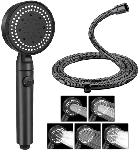 Shower Head and Hose, Powerful 5 Modes Black Shower Head, High Pressure Shower Heads with Stop Button for Adults Children Pets Home and Gym Use