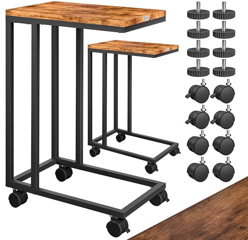 Casaria Beistelltisch Couch 50x35cm Holz 2X | 40kg Belastbar, inkl. Rollen & Standfüßen, Laptop, Kaffeetisch, C Form, Wohnzimmer, Schwarz Braun, Komfortable Höhe, Metall