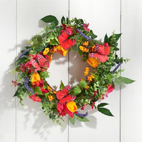 Eldo® Türkranz Frühling Ø 35 cm – künstlicher Blumenkranz mit Tulpen & Schmetterlingen – ideal als Fenster-, Wand- und Tischdeko – naturgetreu & zeitlos – farbenfroher Blickfang – Dekokranz mit Blumen
