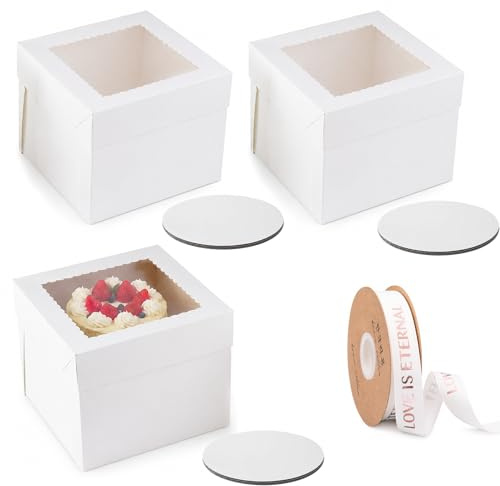 QingWing 3 Stück Weiß Tortenkarton, 30 x 30 x20cm Tortenbox Hoch | Tortenbox Torten Verpackung mit 3 Cake Boards und Band Tortenschachtel Pappe Transparentes Sichtfenster für Gebäck Dessert