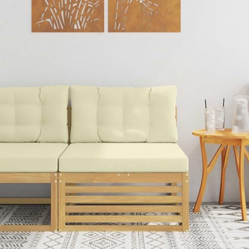 LoogCape Utomhus mittsoffa av massivt akaciaträ i vitt 83 x 79 x 73 cm, väderbeständig trädgård soffa element med krämkudde, modulär loungesoffa för terrass balkong veranda