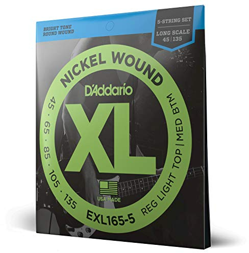 D'Addario E Bass gitarrsträngar – strängar E bas – basgitarr strängar – E bassträngar – bas gitarrsträngar – EXL165-5 – Custom Light, 45-135 (5-sträng) – lång skala