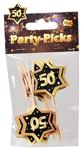 UDO Schmidt GmbH Party Picks Mini Stecker 50 Geburtstag Schwarz Gold, 12 Stück, Partydeko Geburtstags-Deko Buffet Dekoration