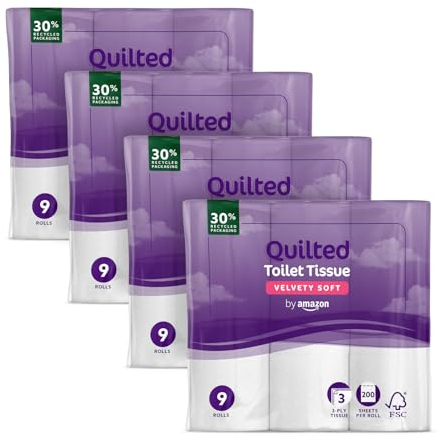 by Amazon Papier Toilette, 3 Épaisseurs Matelassé, Doux et Soyeux, 36 Rouleaux (4 Paquets de 9), 200 Feuilles par Rouleau, Certifié FSC