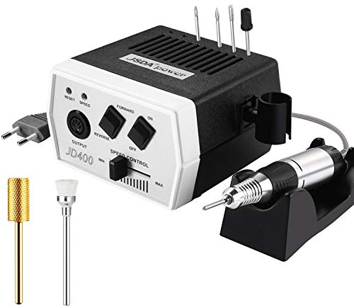 JSDA Torno para uñas profesional,lima electrica uñas, 30000 RPM, fresa de carburo de tungsteno, potente, silencioso, baja vibración, Incl. cuatro brocas y un broca de carburo premium