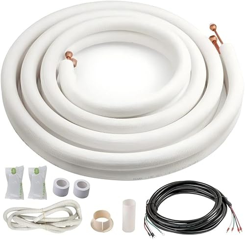 ICOOL 16 Ft. Mini Split Line Set, 1/4 & 3/8 O.D. Twin Copper Pipes, 3/8 Thickened PE Insulated Coil Copper Line for Air Conditioner HVAC Refrigeration and Heating Equipment, with Fittings