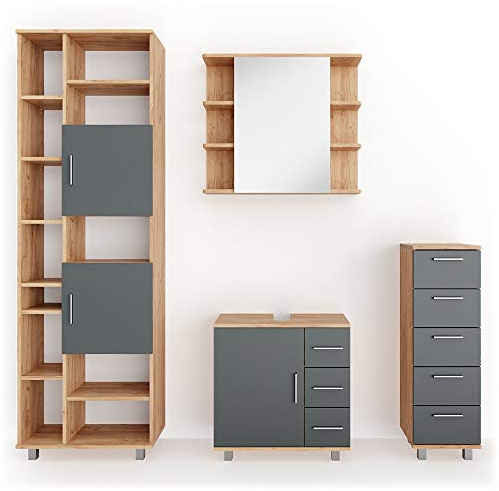 Vicco Badmöbel-Set Eiche Ilias, bestehend aus Badspiegelschrank, Waschbeckenunterschrank, Midischrank, Hochschrank - mit Fächern für Flexible Aufbewahrung