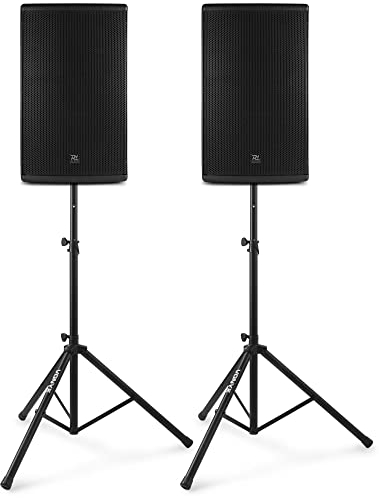 Power Dynamics PD415A - Juego de altavoces con soporte (2800 W, DSP, biamplificador, Bluetooth, XLR, RCA, altavoz de 15 pulgadas, con soportes, juego de altavoces estéreo, sistema PA, altavoces