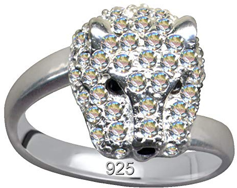 FINGERRING Leopard Panther/Echt Silber 925 / Jugendstil/u Online Schmuck Shop preiswert kaufen/extravagant modisch Weiss klar transparent