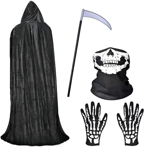 Fabu Negro Largo Capa con Capucha para Halloween Carnaval, Guantes de Esqueleto y Máscara de Calavera Disfraz Plástico Falsa Guadaña Hoz Arma para Adultos Halloween Danza Fiesta de Disfraz 1 Juego