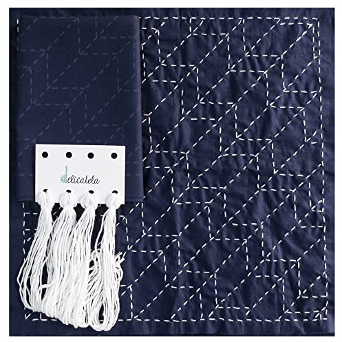 Sashiko | Japanische Stickpackung | Stoff 68 cm x 34 cm vorbedruckt (30 cm x 30 cm) | Naturgarn | Nadel | Stickanleitung | Federn | von Delicatela (Indigo)