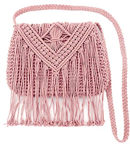 MEGAUK Umhängetasche mit Fransen Damen Schultertasche Fransentasche Quasten Stroh gewebte Strandtasche für Frauen, Rosa