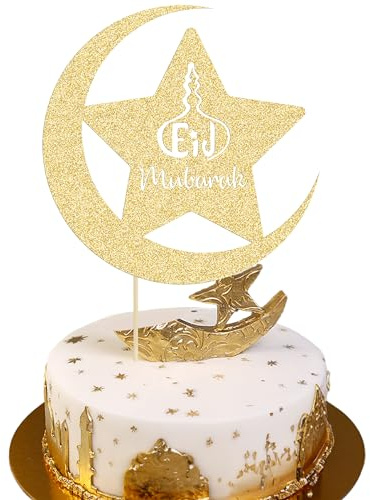 Gyufise Gold Glitter Eid Mubarak Cake Topper and Islamic Muslim Party Decorations for Festival Celebrations