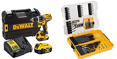 DEWALT Perceuse Visseuse à Percussion Compact Brushless XR 18V Li-Ion 5Ah + DEWALT Coffret TOUGHCASE 57 Pièces, Embouts de Vissage et Mèches à Bois Extreme