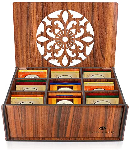 RoyalHouse Premium Wood (Hard MDF) Tea Storage Box Organizer (Brown), Eco-Friendly Multi-Functional Decorative Box, 9 Compartments For Assorted Variety Of Tea Bags and Small Items